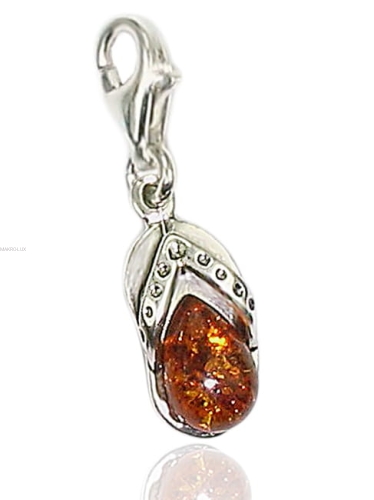 Charms - srebrna zawieszka do bransolety z naturalnym bursztynem - brązowa