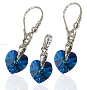 Komplet - wisiorek i kolczyki srebrne z kryształami - Serce - Heart 6228 BERMUDA BLUE