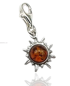Słoneczko - srebrna zawieszka do bransolety z naturalnym bursztynem - brązowy charms