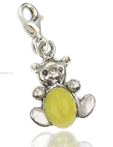 Miś - srebrna zawieszka do bransolety z naturalnym bursztynem - żółty charms