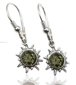 Słoneczka - kolczyki srebrne z naturalnym bursztynem - zielone