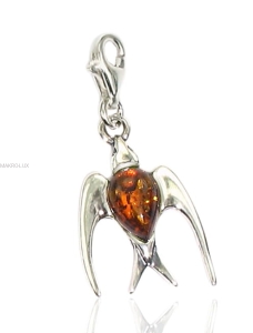 Jaskółka - srebrna zawieszka do bransolety z naturalnym bursztynem - brązowy charms
