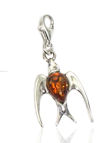 Jaskółka - srebrna zawieszka do bransolety z naturalnym bursztynem - brązowy charms