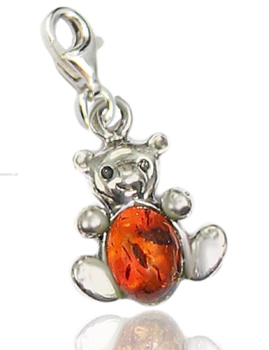 Miś - srebrna zawieszka do bransolety z naturalnym bursztynem - brązowy charms