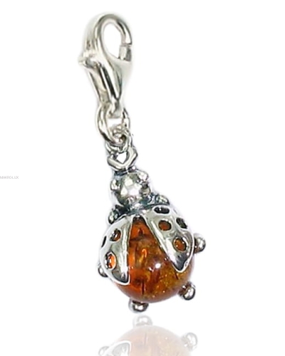 Biedronka - srebrna zawieszka do bransolety z naturalnym bursztynem - brązowy charms