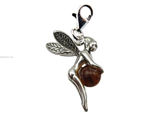 Elf - srebrna zawieszka do bransolety z naturalnym bursztynem - brązowy charms