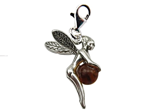 Elf - srebrna zawieszka do bransolety z naturalnym bursztynem - brązowy charms