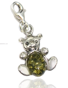 Miś - srebrna zawieszka do bransolety z naturalnym bursztynem - zielony charms