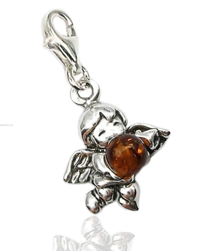 Aniołek - srebrna zawieszka do bransolety z naturalnym bursztynem - brązowy charms 