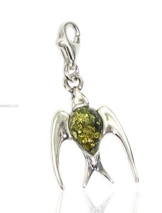 Jaskółka - srebrna zawieszka do bransolety z naturalnym bursztynem - zielony charms